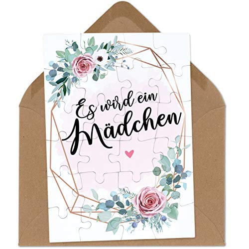 OWLBOOK Es Wird EIN Mädchen rosa Blumenkranz Puzzle mit Brief-Umschlag Geschenke Geschenkideen für die Familie zur Geburt & Schwangerschaft verkünden von OWLBOOK