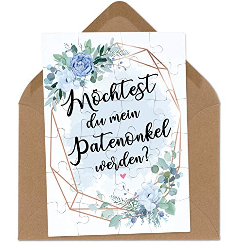 OWLBOOK Patenonkel Fragen Blauer Blumenkranz Puzzle mit Brief-Umschlag Geschenke Geschenkideen für Patenonkel zur Geburt & Schwangerschaft zur Taufe von OWLBOOK