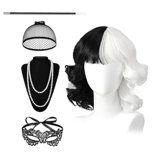 Cruella Kostüm Damen,Cruella Halloween Kostüm Damen,70er Jahre Accessoires,Kurz Schwarz Weiß Cosplay Perücken mit Pony,Damen Spitze Maske,Halskette Set,Kostüm für Halloween Kostüm Damen Karneval von OWOAOOwl