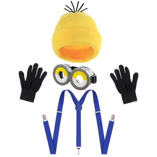 OWOAOOwl Karneval Kostüm Set für Cosplay, 4 STK Film Kostüm mit Steampunk Brille Gelbe Mütze Schwarze Handschuhe, Gelbes Kostüm Set,Karneval Kostüm Set Cosplay Gelbe Filmfiguren für Erwachsene Kinder von OWOAOOwl