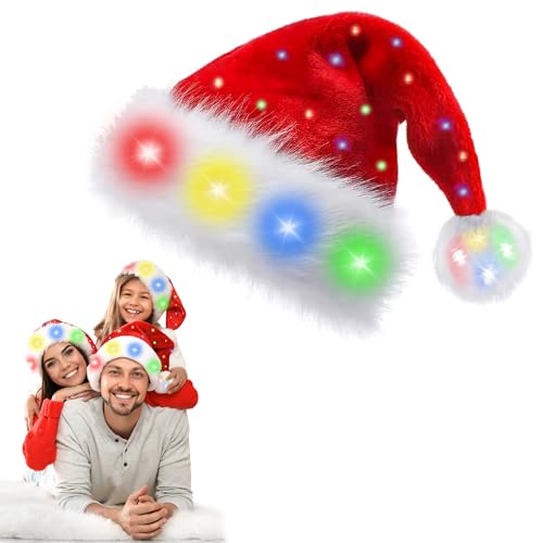 OWOAOOwl Weihnachtsmütze, Farbe LED Lichter Weihnachtsmütze, Nikolausmütze mit leuchtendem, Erwachsene Weihnachtsmütze Rot, Plüsch Weihnachtsmützen für Neujahr Festliche Weihnachtsfeier (1 Stück) von OWOAOOwl