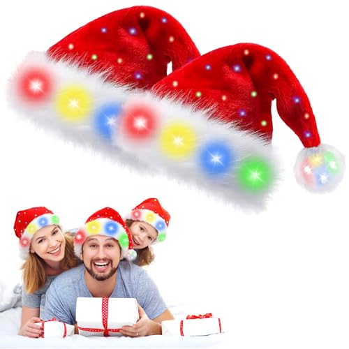 OWOAOOwl Weihnachtsmütze, Farbe LED Lichter Weihnachtsmütze, Nikolausmütze mit leuchtendem, Erwachsene Weihnachtsmütze Rot, Plüsch Weihnachtsmützen für Neujahr Festliche Weihnachtsfeier (2 Stück) von OWOAOOwl