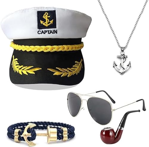 OWOAOOwl Yacht Kapitän Hut Kapitänsmütze Kostüm Set,Verstellbare Yacht Schiff Boot Marine Mütze Mit Sonnenbrille,Kapitänsmütze für Erwachsene Damen Männer für Karneval Mottoparty Partys Cosplay (A) von OWOAOOwl