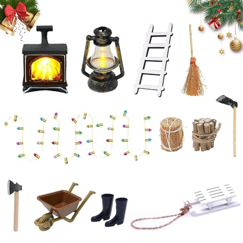 Puppenhaus Miniatur Zubehör Set, Wichtel Zubehör Weihnachten Möbel, Glühender Kamin, Petroleumlampe, Heuhaufen, Hacke, Gummistiefel, Karren, Besen, Brennholz, Licht für 1/12 Puppenhaus von OWOAOOwl