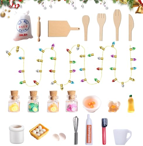 Wichtel Zubehör Weihnachten, 27pcs Miniatur Puppenhaus Zubehör Set, Backset+Waschset+Küchenzubehör+eine Schnur Weihnachtsbaumschmuck für 1/12 Puppenhaus (A) von OWOAOOwl