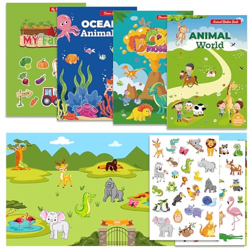 OWill 4 Pack Stickerbuch wiederverwendbar ab 2 3 4 5 6 Jahre,DIY Kinder Sticker enthält Themen wie Bauernhof, Tiere,Dinosaurier und Ozean,Reusable Sticker Book für Kinder,Reise Spielzeug von OWill