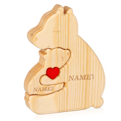 Personalisiertes Holzkunstpuzzle der Bärenfamilie mit Namen, Holz Bär Skulpturen Desktop Ornament Home Tischdekoration Personalisierte Mama/Papa (Alleinerziehender Bär) von OXYEFEI