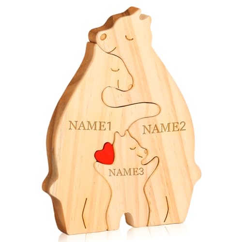 Personalisiertes Holzkunstpuzzle der Bärenfamilie mit Namen, Holz Bär Skulpturen Desktop Ornament Home Tischdekoration Personalisierte Mama/Papa (Bär) von OXYEFEI