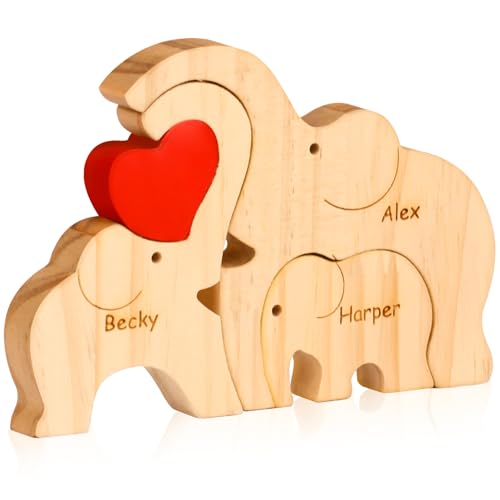 Personalisiertes Holzkunstpuzzle der Bärenfamilie mit Namen, Holz Bär Skulpturen Desktop Ornament Home Tischdekoration Personalisierte Mama/Papa (Elefanten) von OXYEFEI