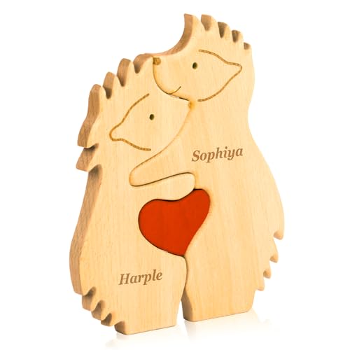 Personalisiertes Holzkunstpuzzle der Bärenfamilie mit Namen, Holz Bär Skulpturen Desktop Ornament Home Tischdekoration Personalisierte Mama/Papa (Igel) von OXYEFEI