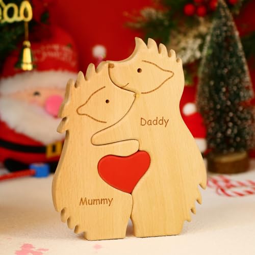 Personalisiertes Holzkunstpuzzle der Bärenfamilie mit Namen, Holz Bär Skulpturen Desktop Ornament Home Tischdekoration Personalisierte Mama/Papa (Igel) von OXYEFEI