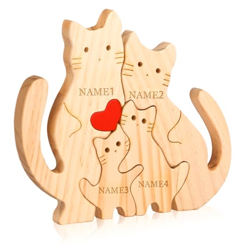 Personalisiertes Holzkunstpuzzle der Bärenfamilie mit Namen, Holz Bär Skulpturen Desktop Ornament Home Tischdekoration Personalisierte Mama/Papa (Kätzchen) von OXYEFEI