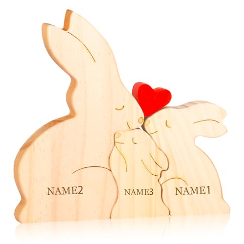 Personalisiertes Holzkunstpuzzle der Bärenfamilie mit Namen, Holz Bär Skulpturen Desktop Ornament Home Tischdekoration Personalisierte Mama/Papa (Kaninchen) von OXYEFEI