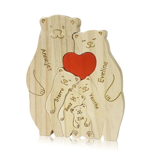 Personalisiertes Holzkunstpuzzle der Bärenfamilie mit Namen, Holz Bär Skulpturen Desktop Ornament Home Tischdekoration Personalisierte Mama/Papa (Kuschelbär) von OXYEFEI