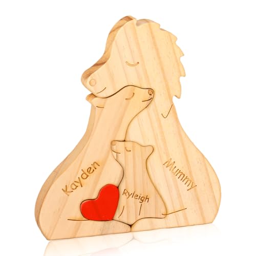 Personalisiertes Holzkunstpuzzle der Bärenfamilie mit Namen, Holz Bär Skulpturen Desktop Ornament Home Tischdekoration Personalisierte Mama/Papa (Löwe) von OXYEFEI