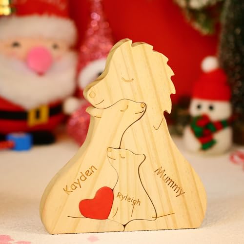 Personalisiertes Holzkunstpuzzle der Bärenfamilie mit Namen, Holz Bär Skulpturen Desktop Ornament Home Tischdekoration Personalisierte Mama/Papa (Löwe) von OXYEFEI