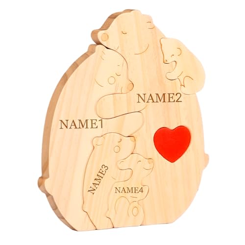 Personalisiertes Holzkunstpuzzle der Bärenfamilie mit Namen, Holz Bär Skulpturen Desktop Ornament Home Tischdekoration Personalisierte Mama/Papa (Umarmende Bären) von OXYEFEI