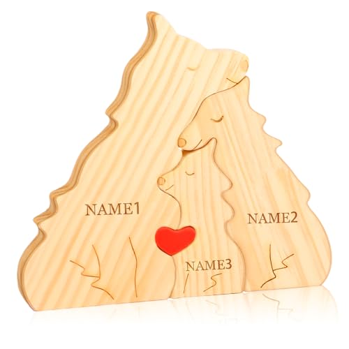 Personalisiertes Holzkunstpuzzle der Bärenfamilie mit Namen, Holz Bär Skulpturen Desktop Ornament Home Tischdekoration Personalisierte Mama/Papa (Wölfe) von OXYEFEI