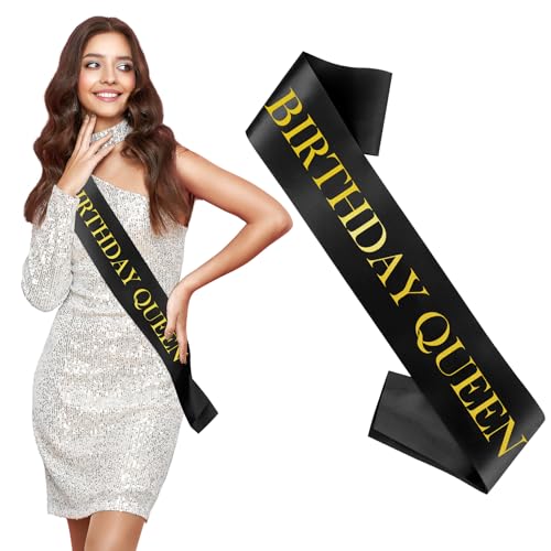 Schwarze Schärpe Geburtstag mit Folienbeschriftung Satin Geburtstagsschärpe Partyzubehör zum Geburtstag Schärpe Bedrucken Birthday Sash Satinschärpe Geburtstagsparty Accessoires - Birthday Queen von OZOSHINE