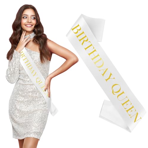 Weiße Schärpe Geburtstag mit Folienbeschriftung Satin Geburtstagsschärpe Party Zubehör zum Geburtstag Schärpe Bedrucken Birthday Sash Satinschärpe Geburtstagsparty Accessoires - Birthday Queen von OZOSHINE