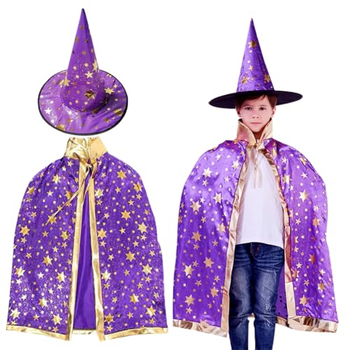 OZXVXZO 2 Pcs Zauberer Kostüm Kinder Halloween Kostüm, Zauberer Umhang mit Hut, Vampir Kostüm Kinder Junge,Mädchen, Cape und Zauberhut Set,Halloween Hexe Kostüm Cosplay Party(120 CM) von OZXVXZO