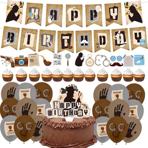 OZXVXZO 32 Stück Dete-ktiv Geburtstag Deko, Dete-ktiv Set Kinder, Escape Party Dekorationen Inklusive Happy Birthday Banner Kuchen Topper Cupcake Toppers Ballons für Geburtstagsparty Zubehör von OZXVXZO