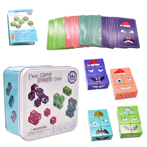 OZXVXZO Face Changing Magic Cube, Holzwürfel Puzzle, Ausdruck Sensorik Spielzeug Puzzle, Pädagogisches Mon-tess-ori Spielzeug für Kinder Ab 3 Jahren, 16 Teile Holzpuzzle und 64 Karten von OZXVXZO