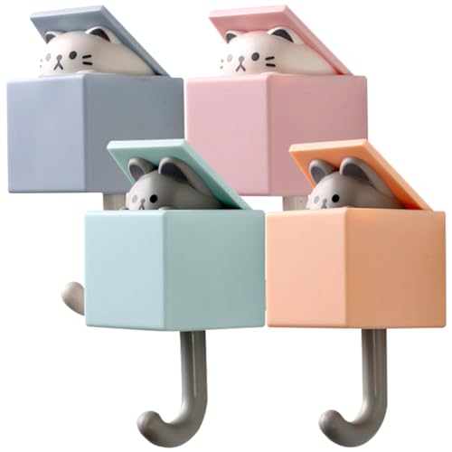 OZXVXZO Tier Wandhaken Selbstklebend 4 Stück Handtuchhaken Kinder Katze Wasserfest Handtuchhaken Kleiderhaken Kinder Cute Pet Hooks Für Küche Schlaf Badzimmer/Schlüssel/Taschen/Hüte von OZXVXZO