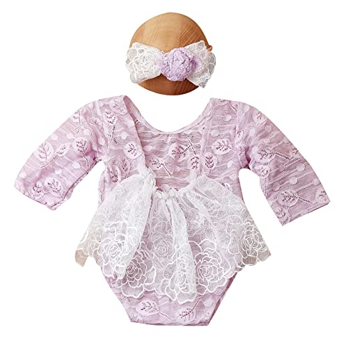 Oadnijuie Baby Kleidung Prinzessinnen Spitzen Overall Schleife Stirnband Langärmeliger Strampler Neugeborene Dusche Party Elegant Einteilig von Oadnijuie