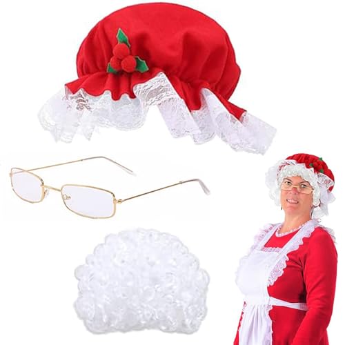 4 PCs/Set Frau Claus Kostüm umfasst weiße Perücke, rote Weihnachtshut, Brille, Haarnetz One -Größe alte Lady -Kostüm für Adult Christmas Cosplay, Frau Claus Kostüm, Frau Claus Kostüm Erwachsene Fraue von Obelunrp