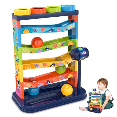 Baby Ball Tower Toys mit Musik & Lichtern | Ball Drop -Spielzeug, 5 -Tier -Ball -Drop -Turm mit wirbelnden Rampen, Hammer- und 4 Kugeln, ABS Plastik -Bildungsball -Kugelspielzeug für Babys Kleinkinde von Obelunrp