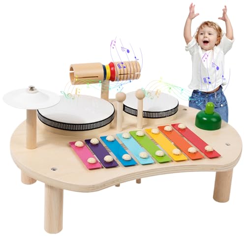 Drum Set für Kleinkinder, 5 in 1 hölzerne Kinder-Drum-Set mit Lagersteckplätzen, Bildungspädagogik-Musikspielzeug, Kleinkind-Drum-Set Montessori-Spielzeug für Kinder im Alter von 1 bis 6 Jahren von Obelunrp