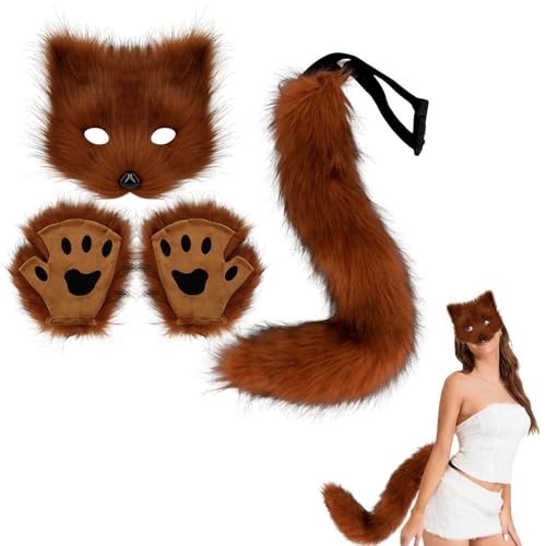 Fox Kostüm Halloween Therian Maske und Schwanz emulative Pfotenhandschuhe Therian Plüschpelzmaske und Schwanz lebendige pelzige Pfoten Cosplay -Kostüme für Frauen Halloween Dress -up -Party, Therian von Obelunrp