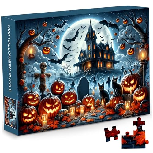 Obelunrp Halloween -Rätsel 1000 Stück, 28x20 -Zoll Halloween Albtraum Puzzle mit Spukhaus, Kürbis, Skelett und Ghost, Halloween -Puzzle für Erwachsene Kinder von Obelunrp