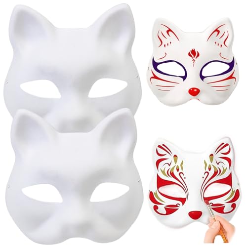 Katzenmaske DIY Weiße Papiermasken | Katzenmaske 2pcs 7 x 6.7 Weiße Papierfuchs Maske DIY Paint Blindmaske Halbgesicht Tiermaske Dress Up Masquerade Maske Partyzubehör für Carnival Cosplay Dance Part von Obelunrp