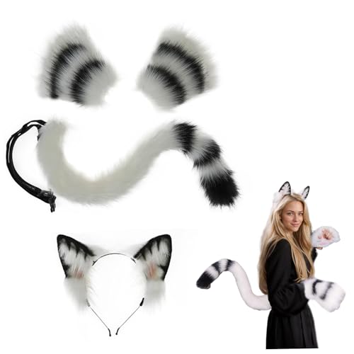 Obelunrp 3pcs Katzenkostüm -Katzenohren und Schwanz mit Katzenklauenhandschuhen für Erwachsene und Kinder, perfekt für Halloween, Anime -Cosplay und Partykostüme, Katzenohren, Katzenohren und Schwanz von Obelunrp