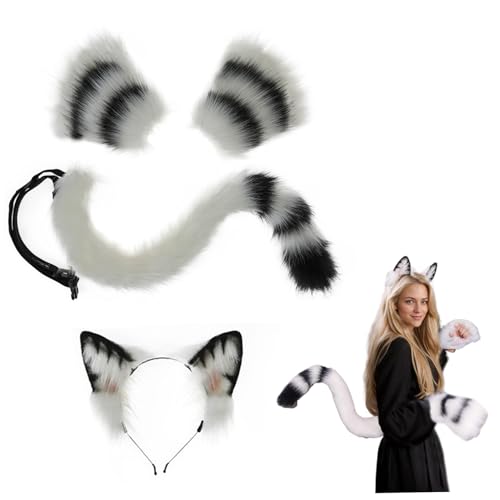 Obelunrp 3pcs Katzenkostüm -Katzenohren und Schwanz mit Katzenklauenhandschuhen für Erwachsene und Kinder, perfekt für Halloween, Anime -Cosplay und Partykostüme, Katzenschwanz, Katzenohren von Obelunrp