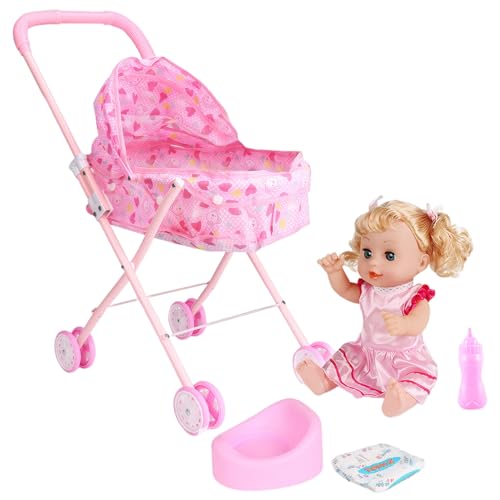 Obelunrp Babypuppenwagen Set, Bärendruckklappbarer Puppenwagen mit Baby Girl Doll & Puppenzubehör, Spielzeugpuppenwagen, Kinderwagen für Puppen von Obelunrp