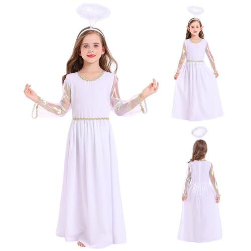 Obelunrp Engel Kostüm für Mädchen, Mädchen Engel Kostüm mit Kleid & Stirnband, Kinder Angel Kostüm für Weihnachten Halloween Cosplay (L, fit für Höhe: 140-150 cm) von Obelunrp