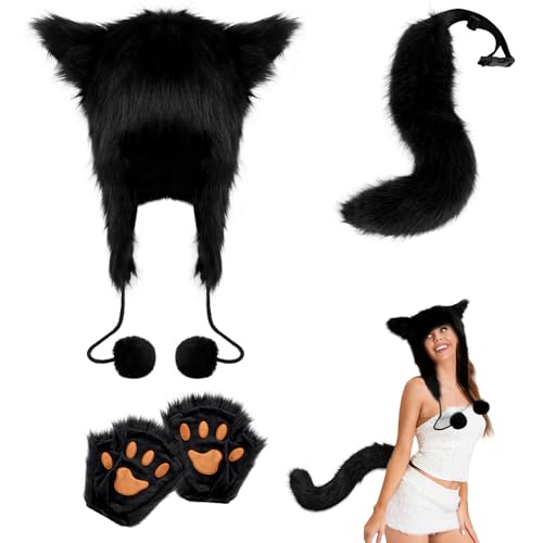 Obelunrp Fox Kostüm, 3pcs/Set Pelry Therian Tail Kostüm mit Fox Hut & Fox Paw Gloves, flauschiger Fuchsschwanz für Mädchen Halloween Cosplay -Kostüme von Obelunrp