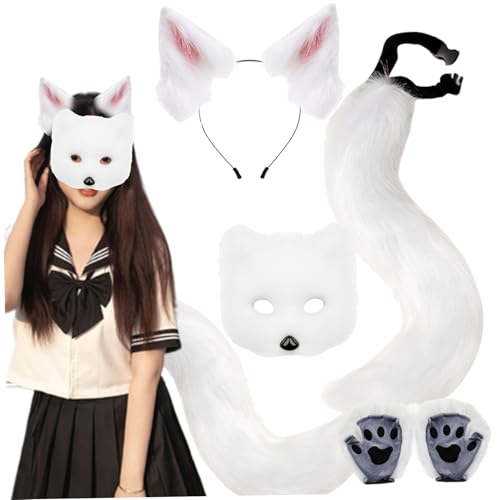 Obelunrp Fox -Kostüm -Set, 4pcs/Set Fuchsmaske mit Fox -Schwanz, Stirnband- und Fuchspfotenhandschuhen, pelzige Schwanz Halloween Weihnachtsfeier für Mädchen (weiß) von Obelunrp