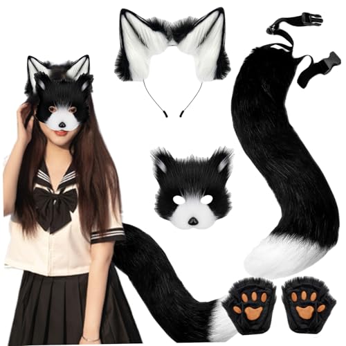 Obelunrp Fox -Kostüm -Set, 4pcs/Set Fuchsmaske mit Fox -Schwanz, Stirnband- und Fuchspfotenhandschuhen, pelziger Schwanz Halloween Weihnachtsfeier für Mädchen (Schwarz) von Obelunrp