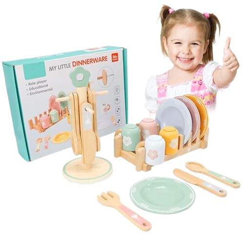 Obelunrp Kids Kitchen Playset, 1 Set realistisches Holzgeschirrset mit Teller, Gabel, Cup und Besteckhalter, Montessori tun Spielküchenzubehör für Kleinkinder vor von Obelunrp