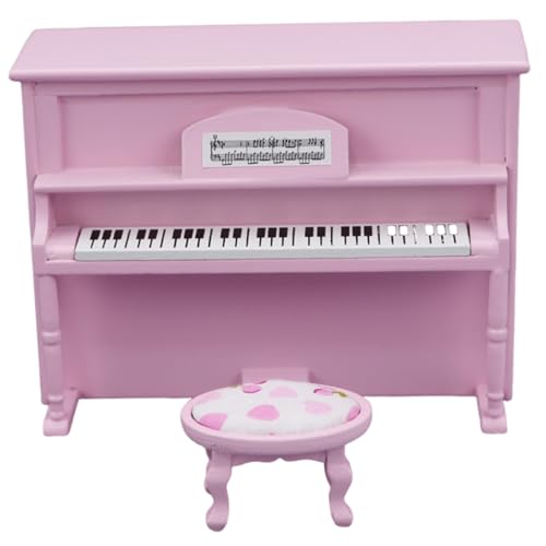 Obelunrp Miniatur Klavier, 2pcs/Set 1:12 Mini Dollhouse Klavier mit Stuhl, hölzernen winzigem, aufrechtem Klavier, Klavier -Keyboard -Spielzeug für Kinderpuppenhausdekorationen (Pink) von Obelunrp