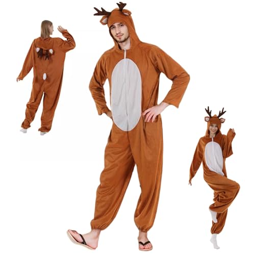 Rentierkostüm, Cartoon -Kapuze -Hirschkostüm mit Geweihen, Hirschohren und Schwanz, Reißverschluss Hirsch -Strampler für Männer Frauen Weihnachten Halloween Jumpsuit Cosplay, M, Rentierkostüm, Hirsch von Obelunrp