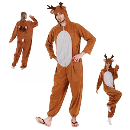 Rentierkostüm, Cartoon -Kapuze -Hirschkostüm mit Geweihen, Hirschohren und Schwanz, Zipper -Hirsch -Strampler Erwachsener für Männer Frauen Weihnachten Halloween Jumpsuit Cosplay, L, Rentierkostüm, H von Obelunrp