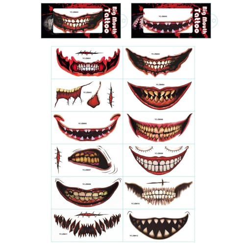 Halloween-Gesichtstattoos für Erwachsene | 12 Stück Halloween Cosplay Horror Zähne Aufkleber – Halloween Gesicht Körper Make-up Wasserdicht realistische Narben Wunde Aufkleber von Obesntln