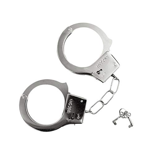 Oblique Unique® Spielzeug Handschellen Metall – Handcuffs mit 2 Schlüsseln & Sticker – Zubehör-Set zu Fasching für Kostüm Sträfling, Verbrecher & Motto-Party – Karneval, Halloween, Swat, Silber, 9 cm von Oblique Unique