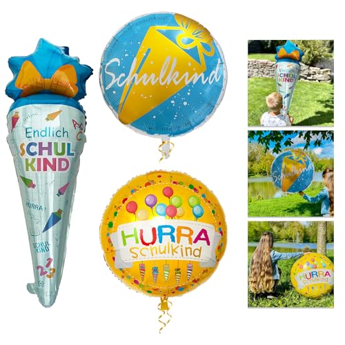 Oblique Unique® 3er Set Folienballon Zuckertüte + Schulkind + HURRA Schulkind Luftballon Hänge Deko für Schuleinführung Einschulung Schulanfang Dekoration von Oblique Unique