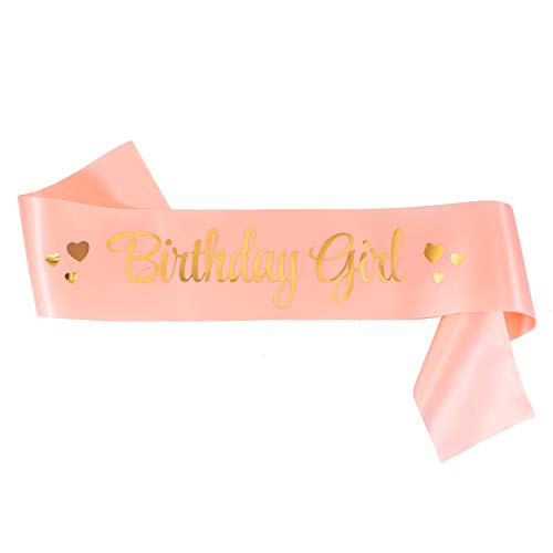 Oblique Unique® Birthday Girl Schärpe - Geburtstag Jubiläum Feier Party Accessoire Lachs Farben mit Gold Aufdruck Herzen und Spiegeleffekt von Oblique Unique